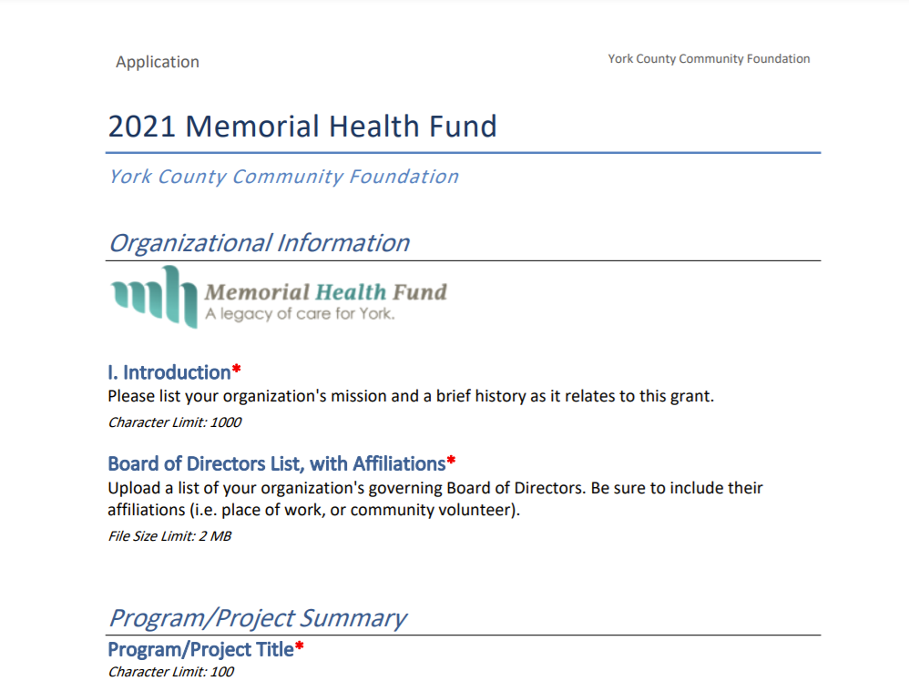 Memorial Health Fund Grant Application