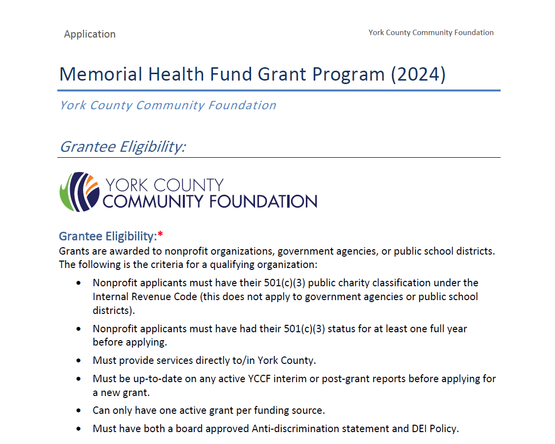 Memorial Health Fund Grant Application